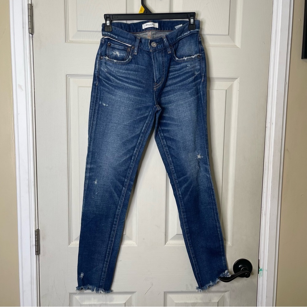 Moussy Jeans Vintage Distressed Raw Hem Checotah Skinny Dark Blue Wash sz 25